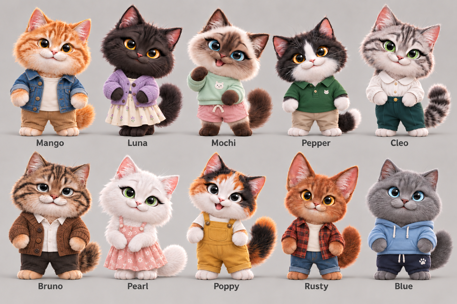 The ten Plazacats in everyday clothes: Mango, Luna, Mochi, Pepper, Cleo, Bruno, Pearl, Poppy, Rusty and Blue